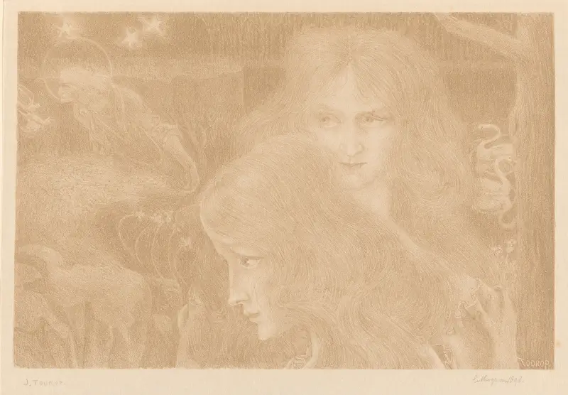 Två unga kvinnor, svanar och en sående gammal man av Jan Toorop