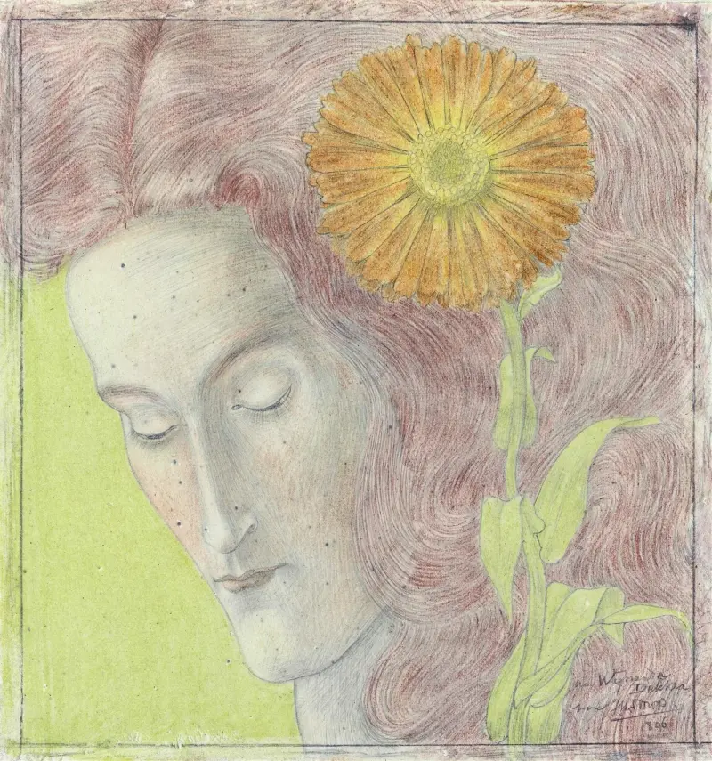 Kvinnohuvud med rödblont hår och krysantemum av Jan Toorop