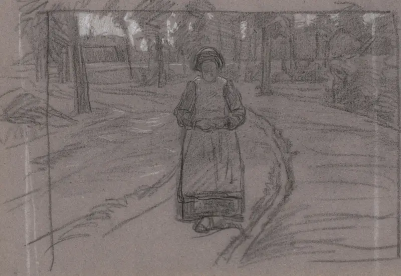 Bondkvinna på en stig i en trädrik omgivning av Jan Veth