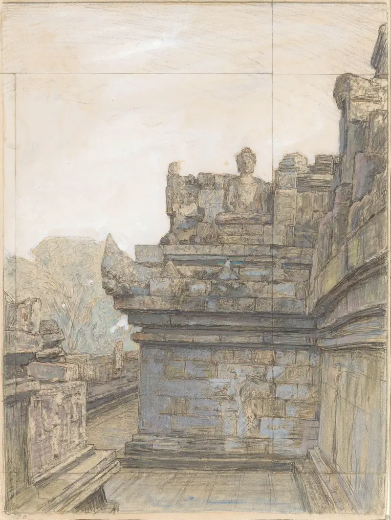 Vy över en av terrasserna på Borobudur av Jan Veth