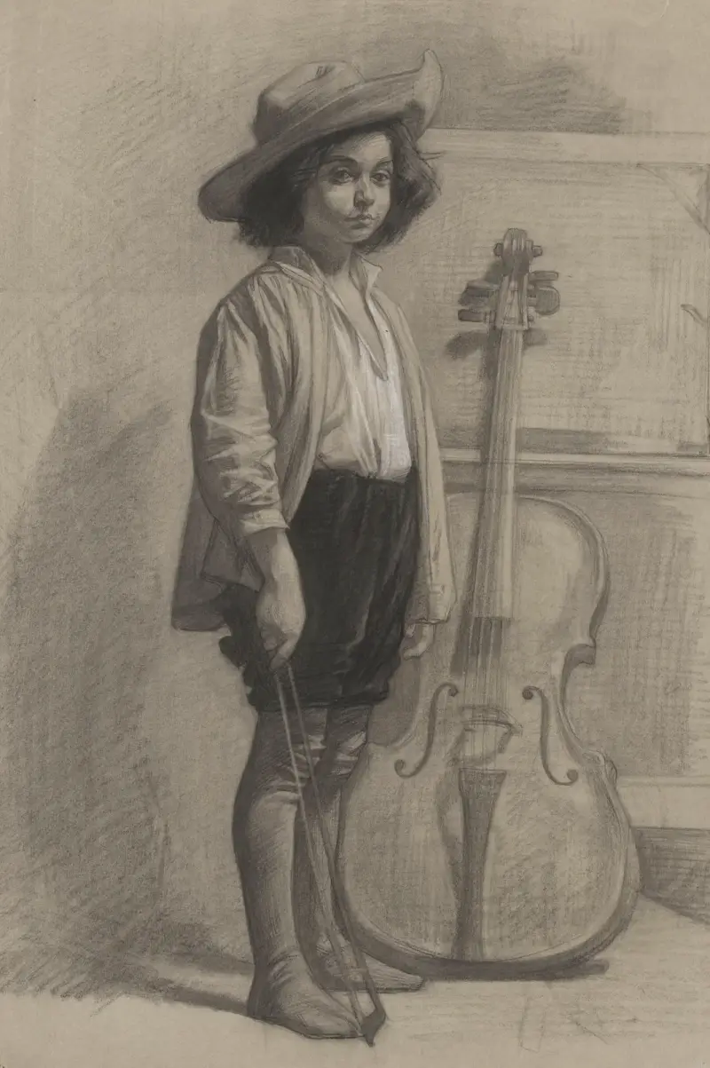 Jongen staande bij een cello av Jan Veth