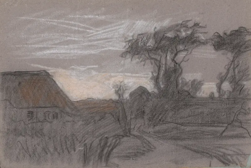 Landskap med träd och en stig längs ett hus av Jan Veth