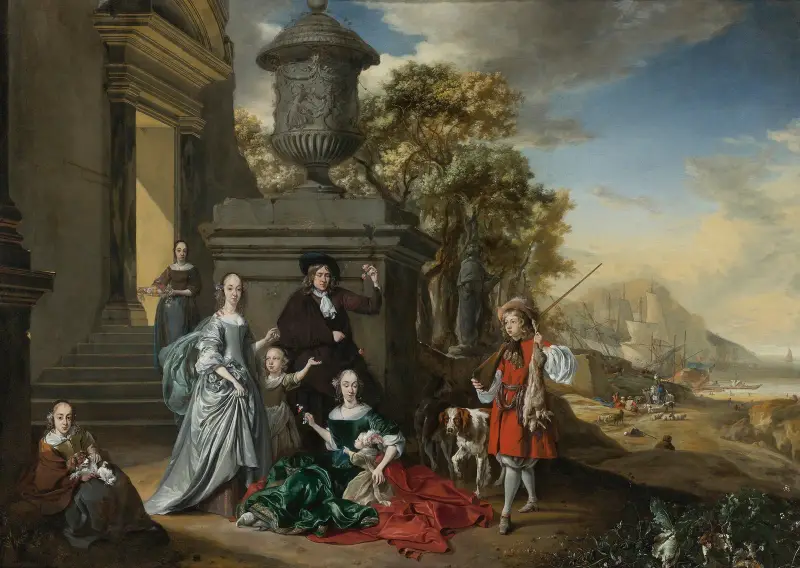 Familjeporträtt på en villas tomt med italiensk hamnvy i bakgrunden av Jan Weenix