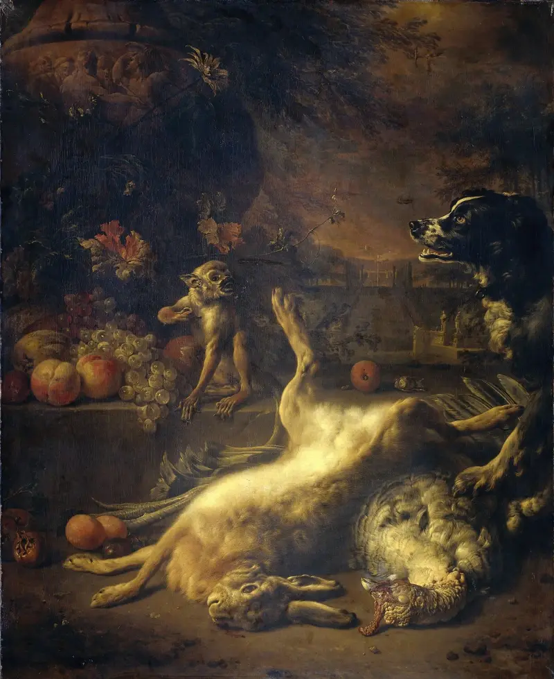 En apa och en hund med döda djur och frukt av Jan Weenix