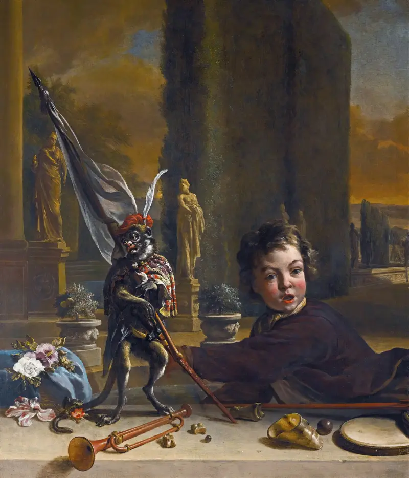 A Trompe L’oeil with A Boy And A Monkey, A Formal Italianate Garden Beyond av Jan Weenix