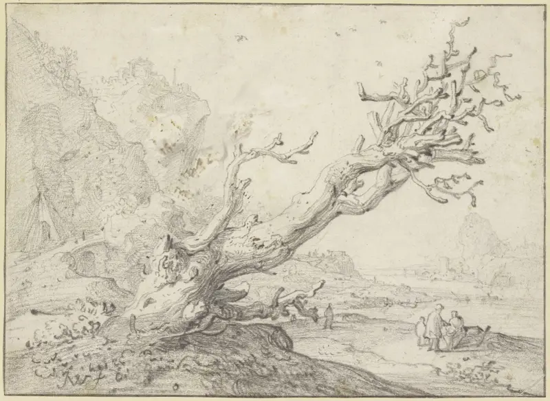 Alter dürrer Baum querüber nach rechts hängend, im Hintergrund eine Flußgegend mit mehreren Figuren av Jan Weenix