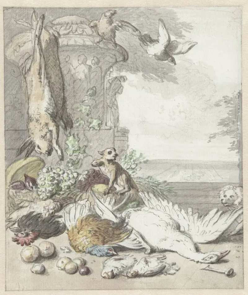 Stillleben mit erlegtem Wild, einem Affen, einem Hund und einigen Vögeln von Jan Weenix