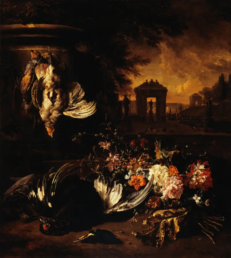 Fleurs et gibier mort devant un paysage av Jan Weenix