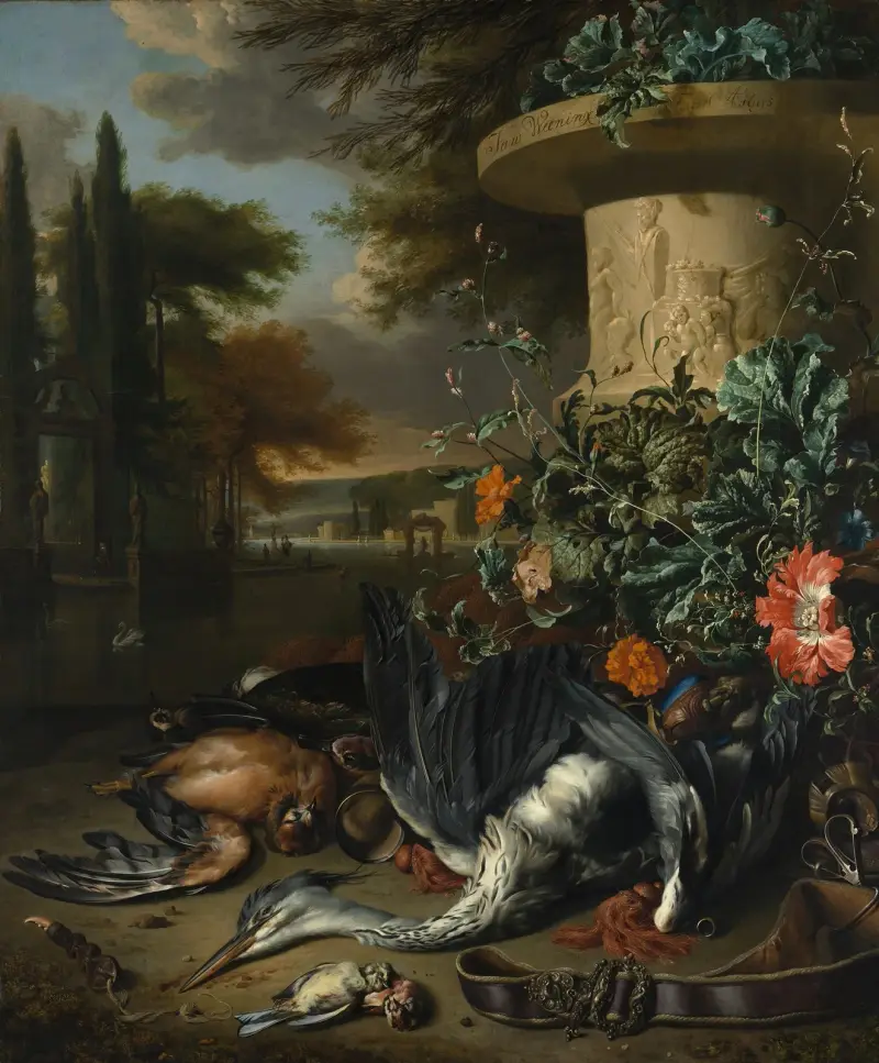 Jaktstycke med död häger av Jan Weenix