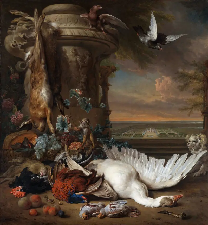 Hunting and Fruit Still Life next to a Garden Vase, with a Monkey, Dog and two Doves av Jan Weenix