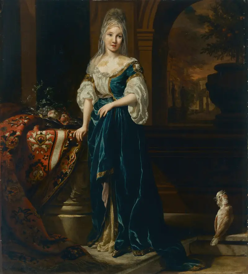 Porträt einer elegant gekleideten jungen Frau im Interieur von Jan Weenix