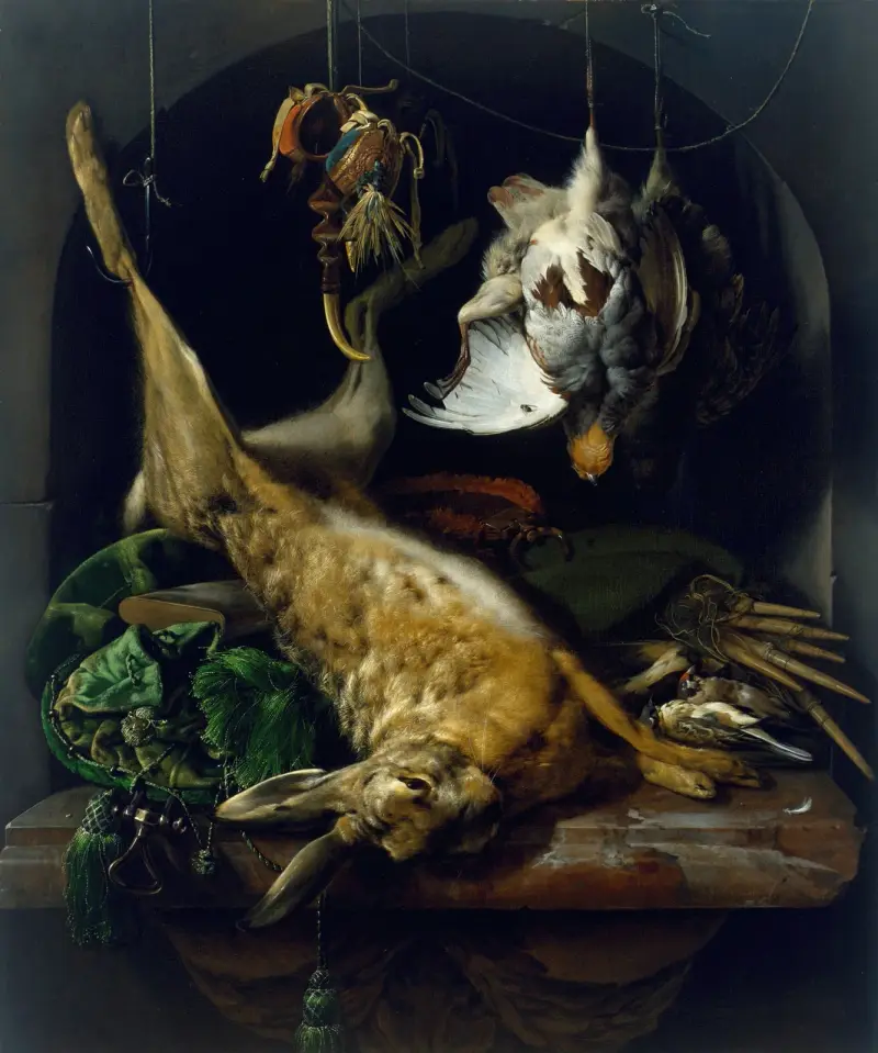 Stilleben med död hare, rapphöns och andra fåglar i en nisch av Jan Weenix