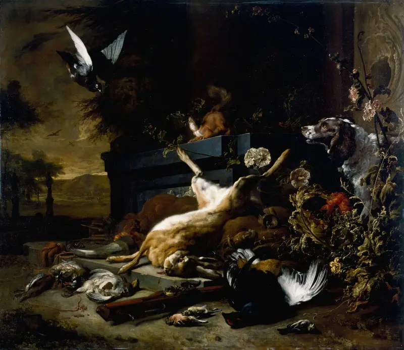 Stilleben med jaktbyte, hare, orre och rapphöna, en spaniel och en flygande duva av Jan Weenix