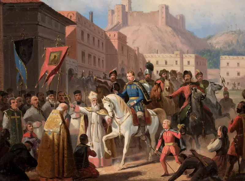 Hosius, biskop av Vilnius, och Sigismund Augustus av January Suchodolski