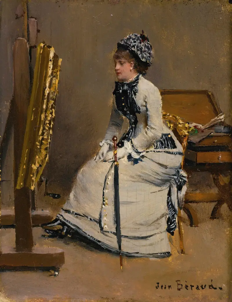 Kvinna sittande framför en tavla av Jean Béraud