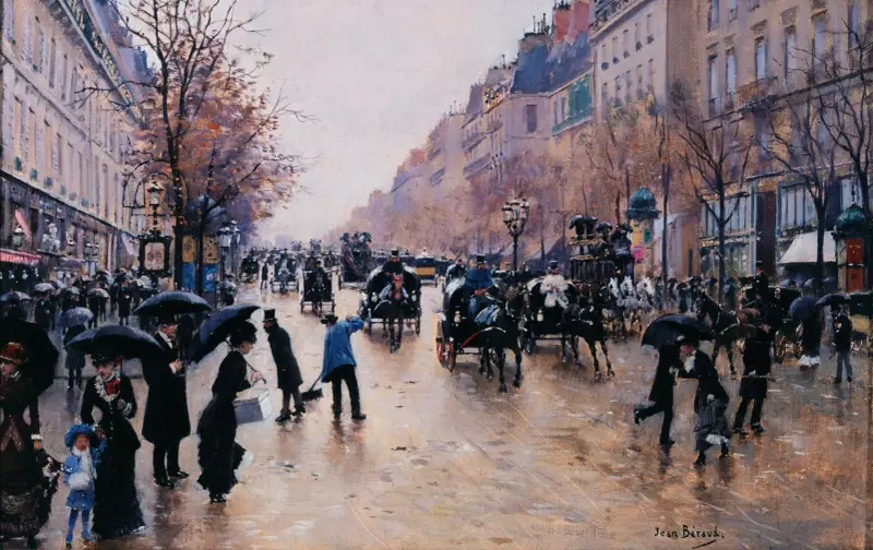 Le boulevard Poissonière sous la pluie av Jean Béraud