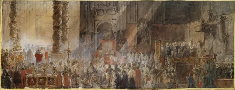 Gustav III närvarar vid julmässan 1783 i Peterskyrkan i Rom av Louis Jean Desprez