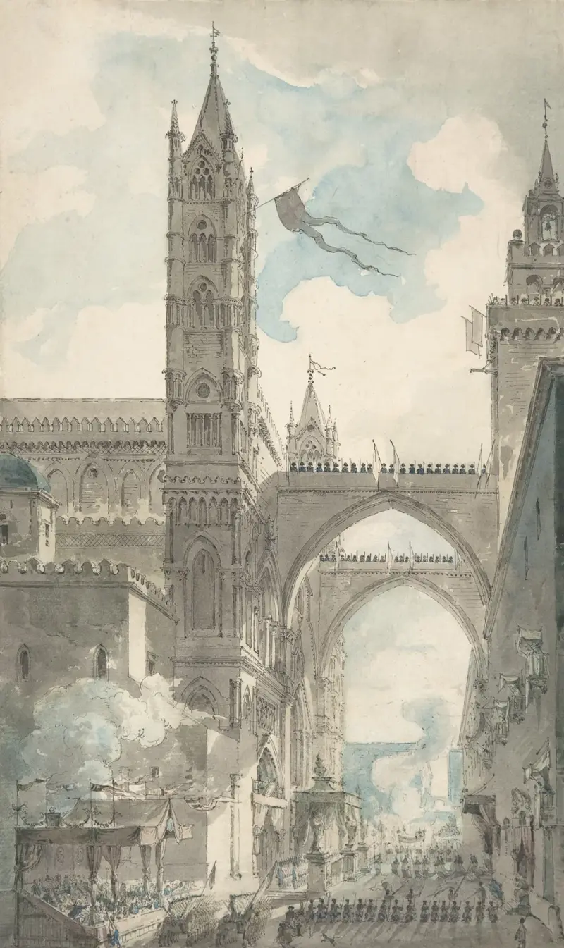 Ansicht des Portals und Haupteingangs der Kathedrale von Palermo während des Festes der Heiligen Rosalia von Louis Jean Desprez