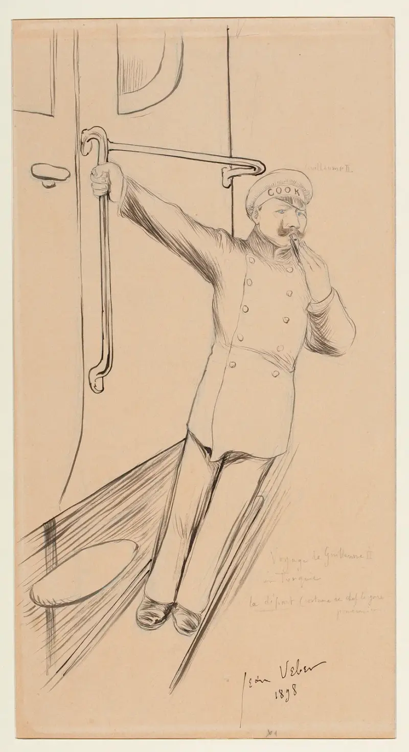 Voyage de Guillaume II en Turquie – le départ (costume de chef de gare poméranien) av Jean Veber
