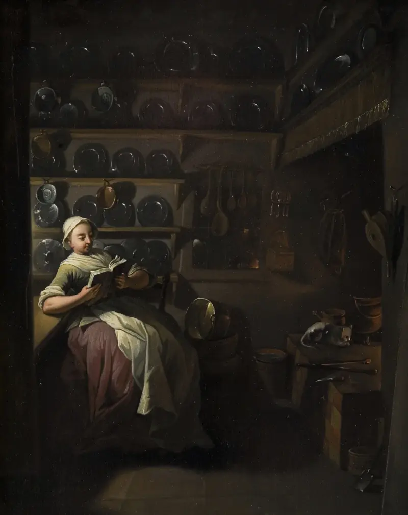 Kitchen Interior with a Girl Reading av Jens Juel