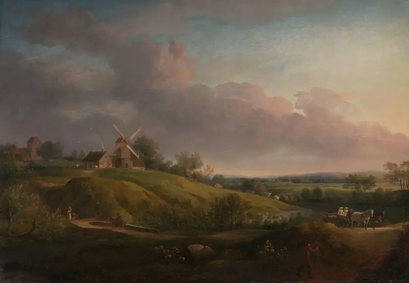 Landskap med en kyrka och en kvarn av Jens Juel