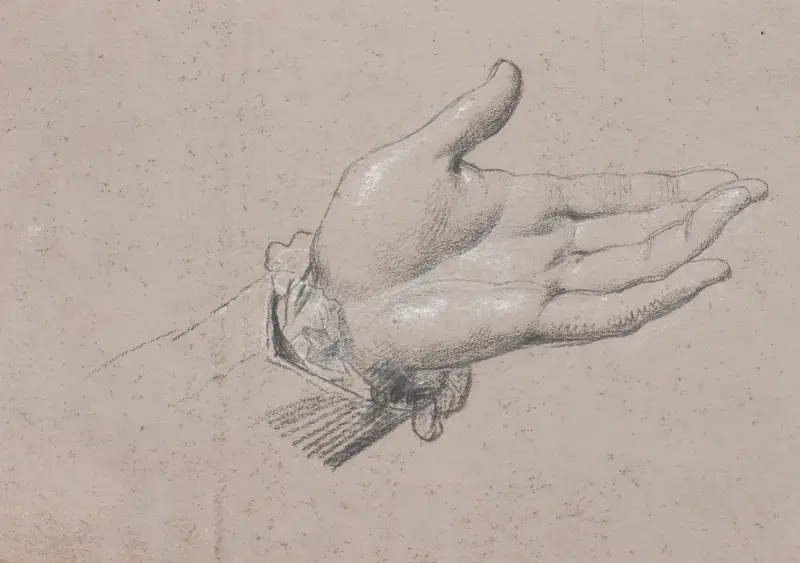 Studie av en vänsterhand, använd i helfigursporträttet av Fredrik den sjätte som kronprins från 1786 på Amalienborg av Jens Juel