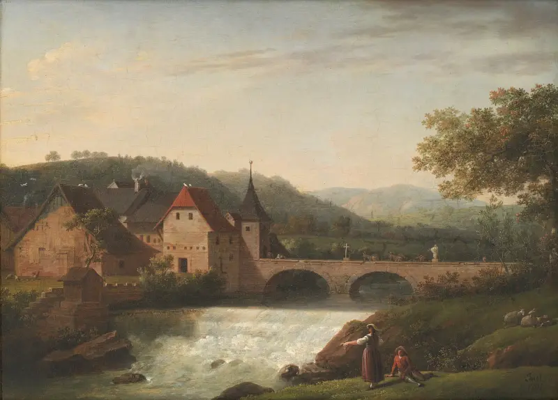 Bron och vattenfallet vid Dornach i Schweiz av Jens Juel