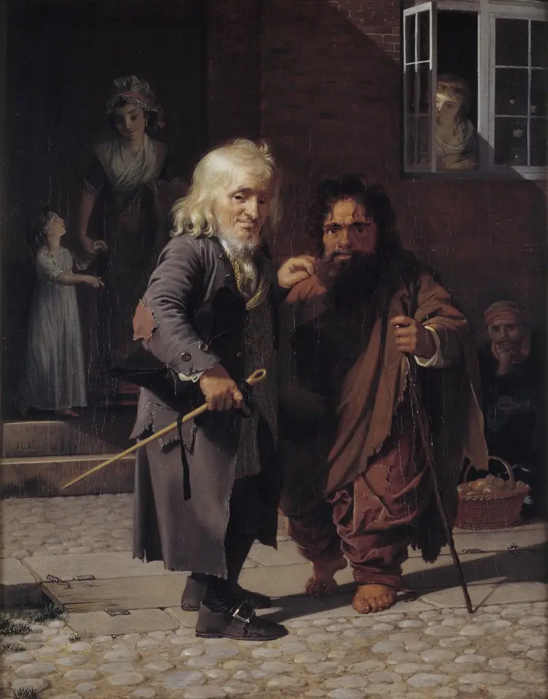Two Dwarfs; Obligeert, a Jewish pigtail-ribbon Vendor, beside the Roman Dwarf Bajocco in one of the Streets of Copenhagen av Jens Juel