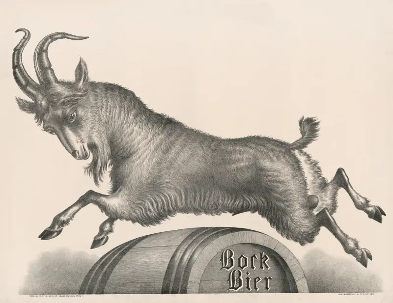 Bock Bier [goat jumping over barrel marked with title] av Henry Jerome Schile