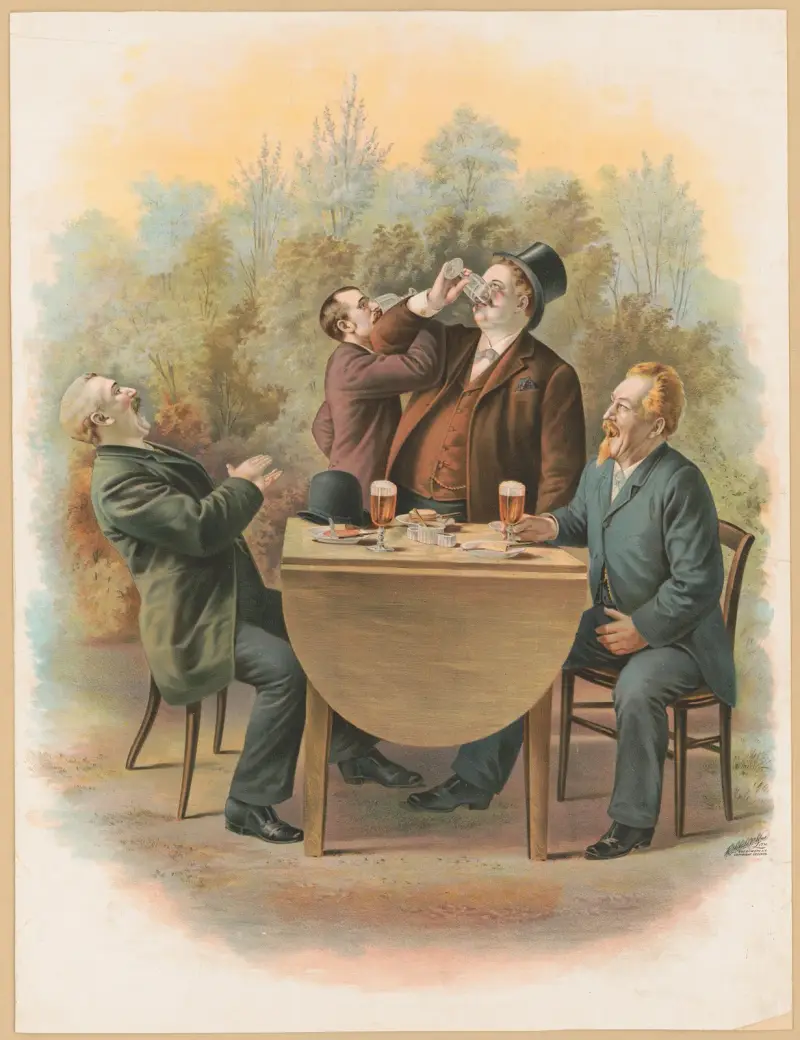 Fyra herrar vid ett bord utomhus, njutande av mat och dryck av Henry Jerome Schile