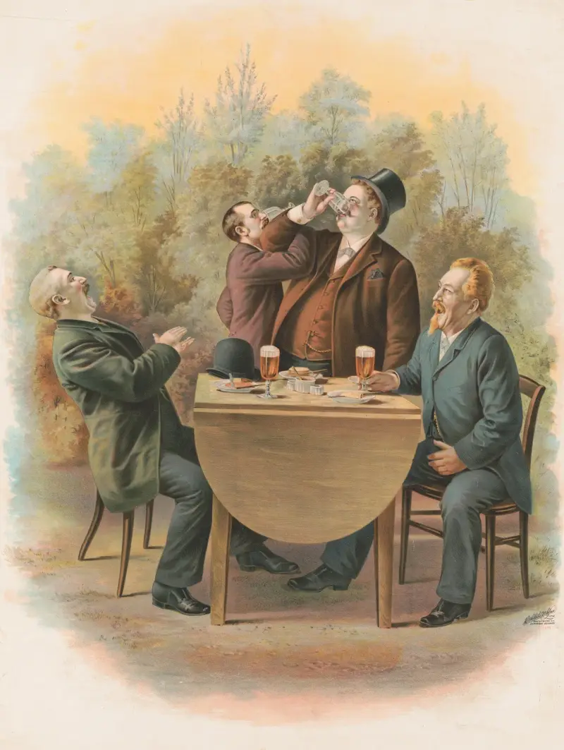 Fyra herrar vid ett bord utomhus, njutande mat och dryck av Henry Jerome Schile