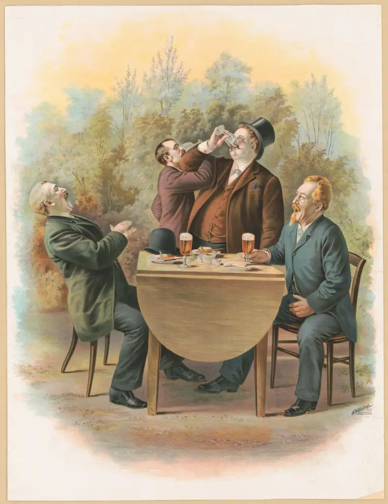 Vier Herren, an einem Tisch im Freien sitzend, die Speisen und Getränke genießen von Henry Jerome Schile