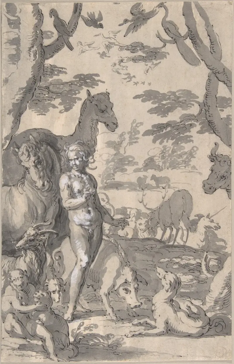 Adam i Edens lustgård namnger djuren av Joachim Wtewael