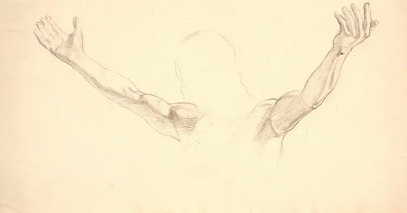 Detailfigurstudie af Kristi udbredte arme av Joakim Skovgaard