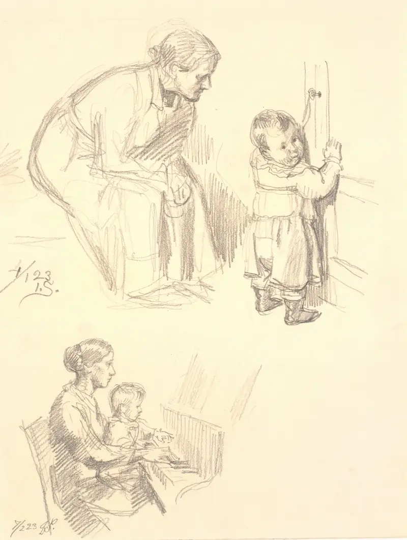 To figurstudier. Øverst en siddende kvinde som iagttager et barn ved en dør; nederst en kvinde med et banr ved klaveret av Joakim Skovgaard