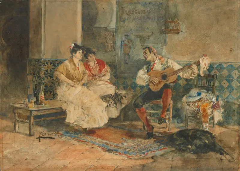Two women in an interior listening to a guitarist av Joaquín Sorolla