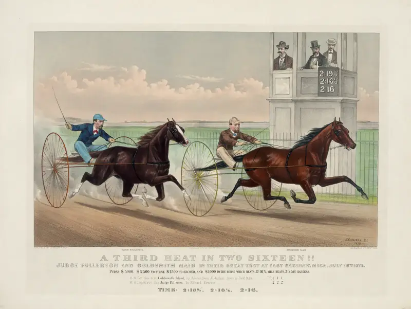 A third heat in two sixteen!!; Judge Fullerton and Goldsmith Maid in their great trot at East Saginaw, Mich. July 16th. 1874 av John Cameron