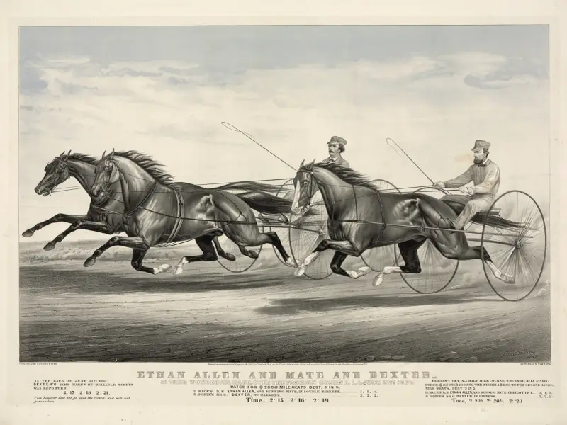 Ethan Allen und Mate und Dexter bei ihrem wunderbaren Rennen auf der Fashion Course, Long Island, am 21. Juni 1867 von John Cameron