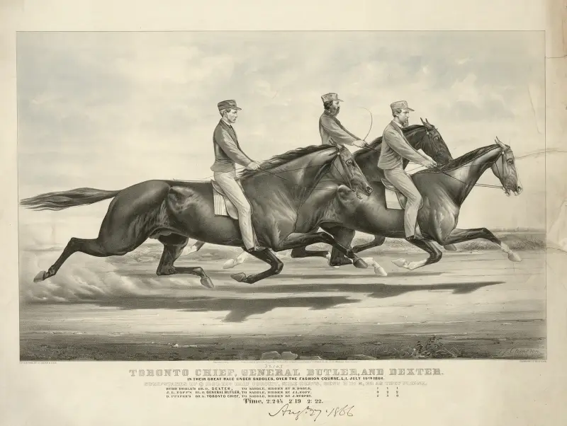 Toronto Chief, General Butler, and Dexter; in their great race under Saddles, over the Fashion Course, L.I. July 19th, 1866 av John Cameron