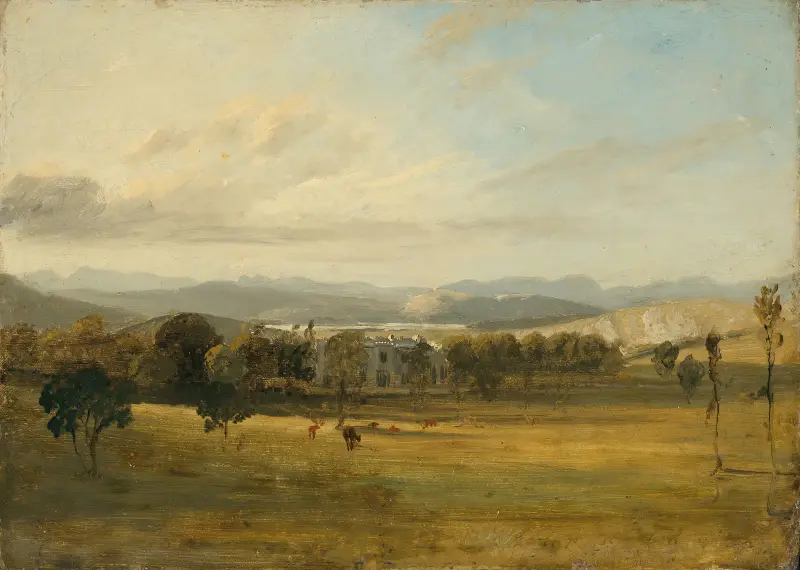 Sketch of Leighton Hall, Lancashire, the hills of the Lake District beyond av John Constable
