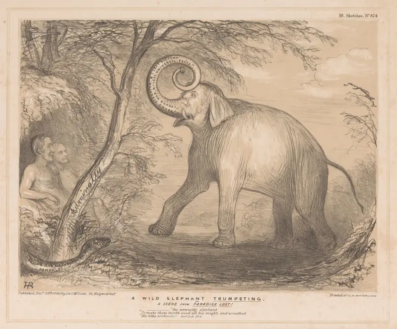 En vild elefant som trumpetar. En scen ur Det förlorade paradiset av John Doyle