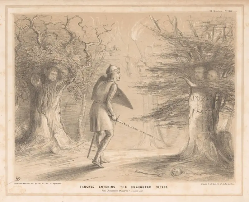 Tancred träder in i den förtrollade skogen. Ur 'Jerusalem Delivered'. Canto XIII av John Doyle