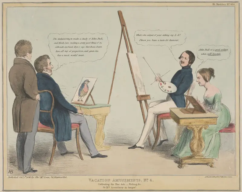 Vacation Amusements. No. 4 Cultivating the Fine Arts.— Etching, & c. or HB’s Ascendancy in danger! av John Doyle