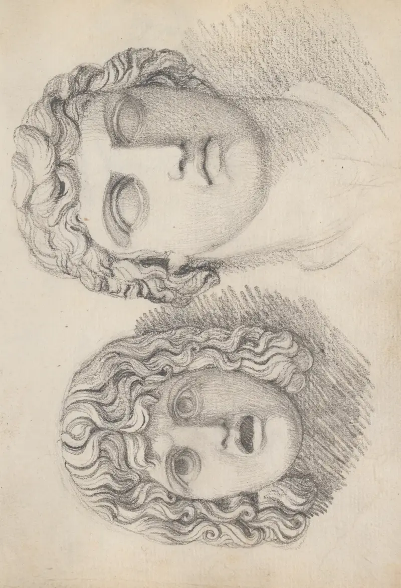 En romersk tragisk mask och ett manligt huvud av John Flaxman