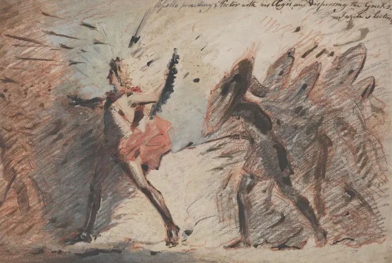 Apollo med sin aigis framför Hektor, skingrande grekerna, efter Fuselis föreläsningar av John Flaxman