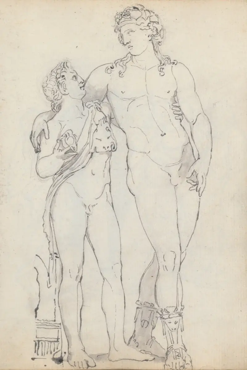 Bacchus stående, lutad mot en faun av John Flaxman