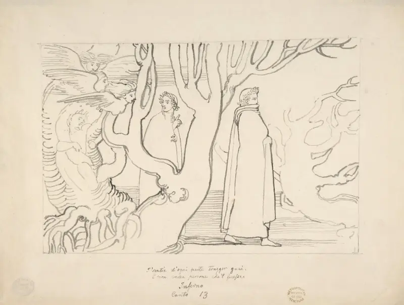 Dante och Vergilius i de självmordas skog av John Flaxman