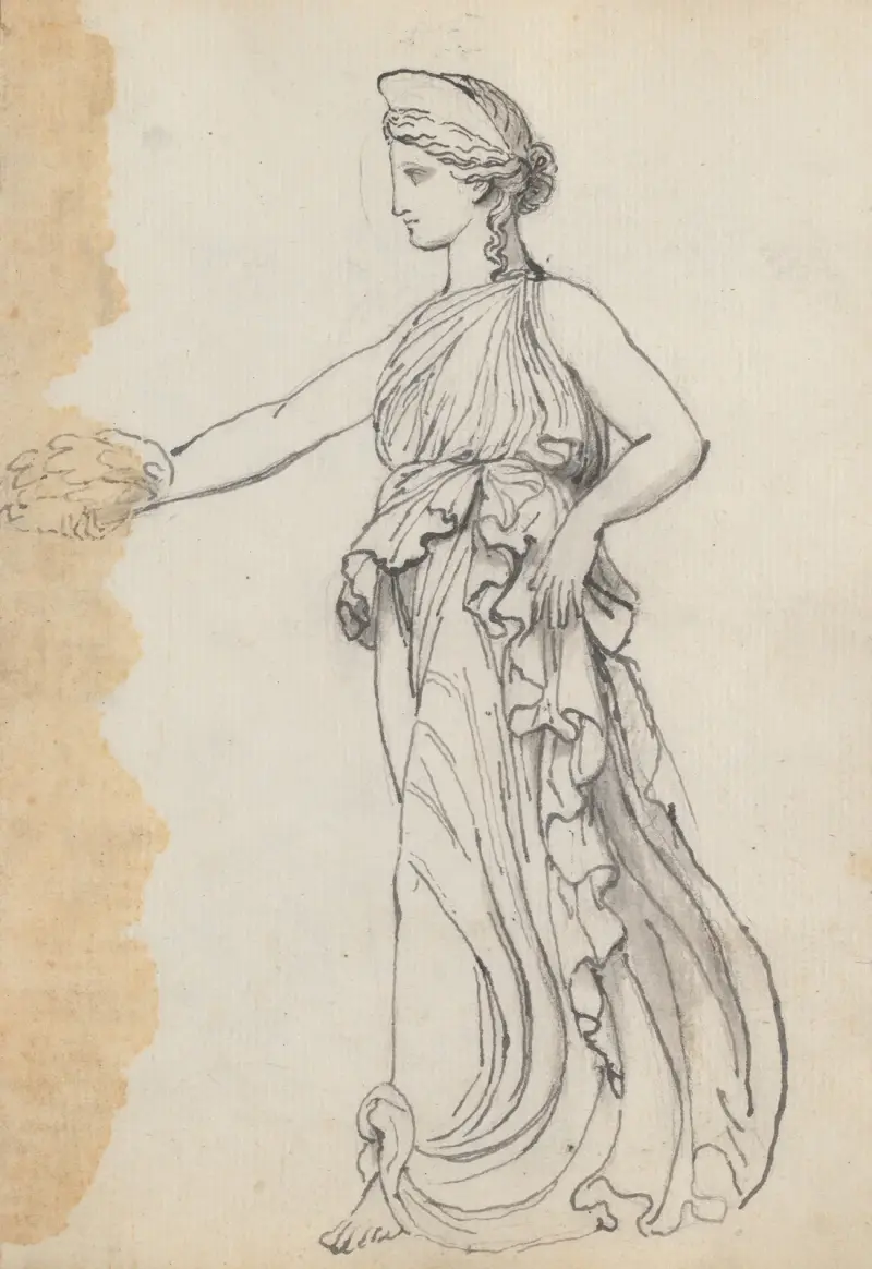 Kvinnlig segerfigur som skrider fram och håller en krans av John Flaxman