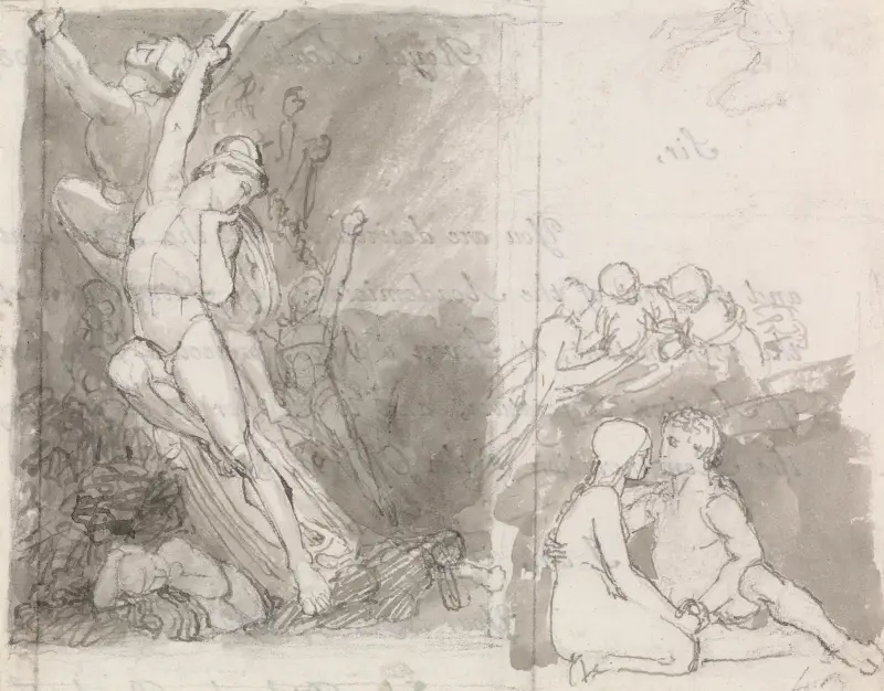 Illustration till Miltons Det förlorade paradiset; Adam och Eva bevakade av änglarna av John Flaxman