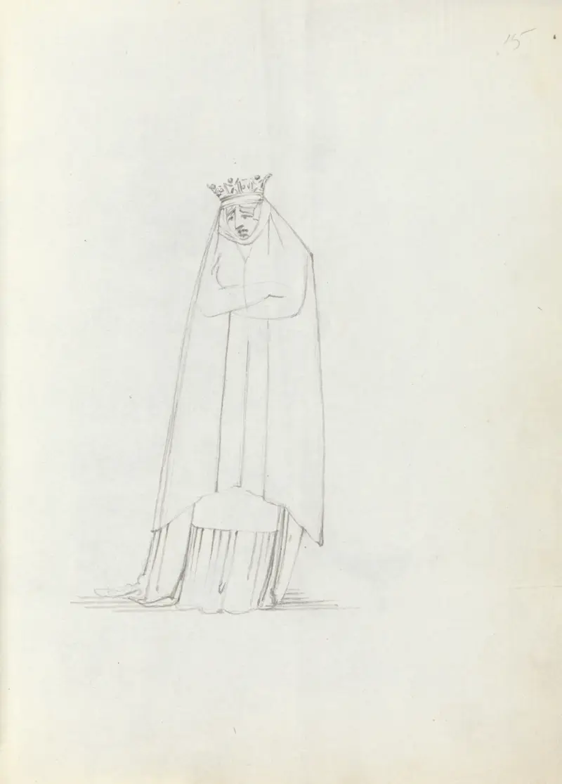 Mrs. Siddons frontalt i helfigur med nedböjt huvud och korslagda armar av John Flaxman